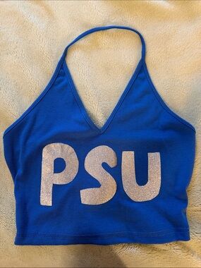 Blue Halter Crop Top with Glitter 'PSU' Penn State Letters Handmade Size Small
